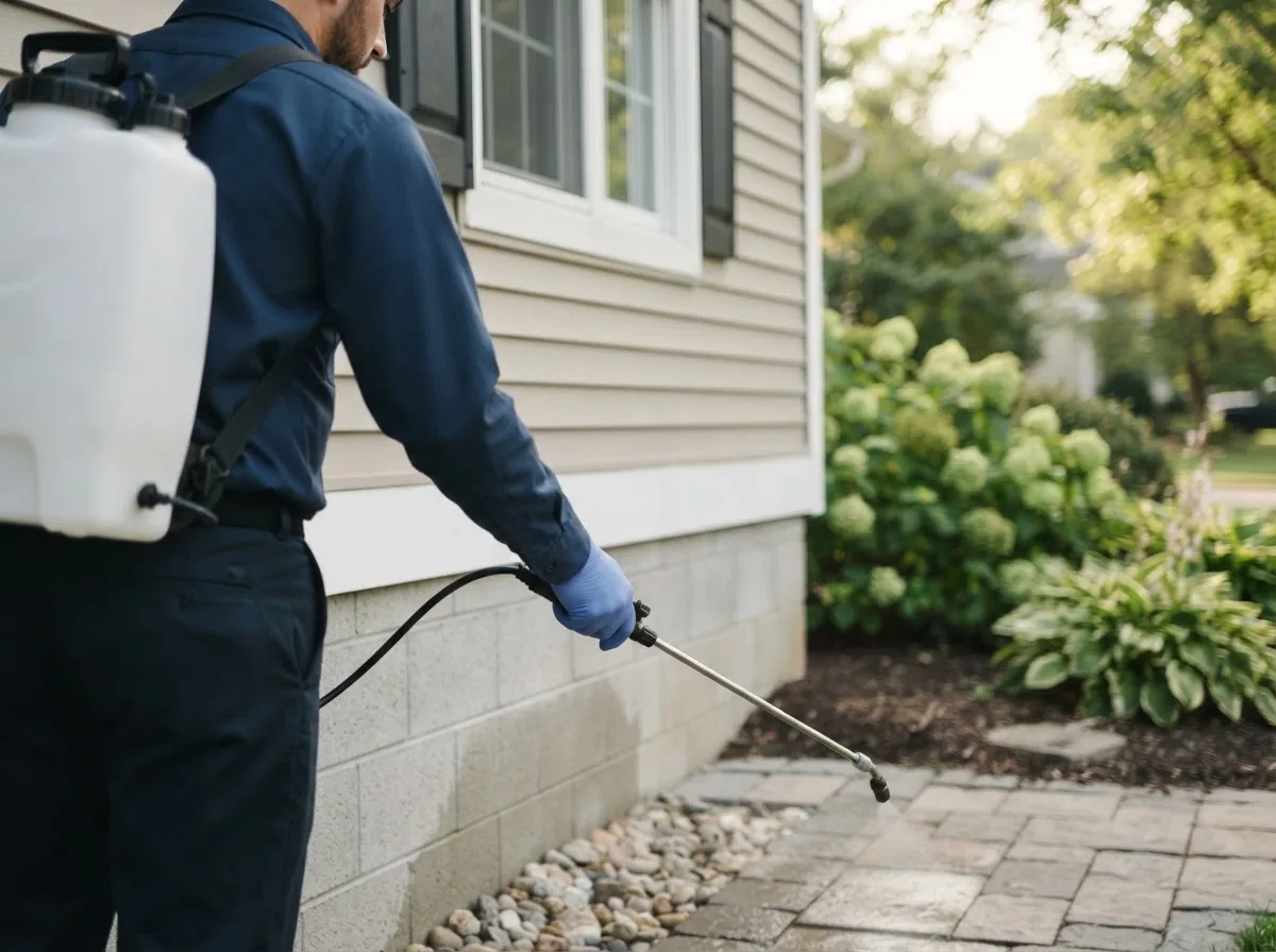 Pest control technician inspecting a home in Tiro, OH